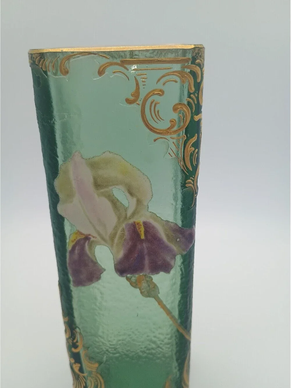 Montjoye (Legras & Cie) Art Nouveau Enameled Green Glass Vase with Gold Accents